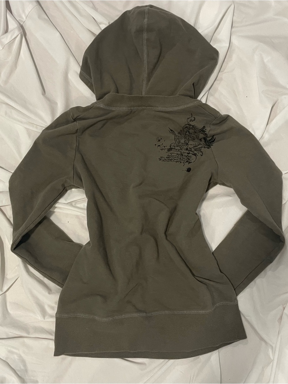 2000’s Garage Olive Green Hooded Pullover with Black Floral Back Graphic